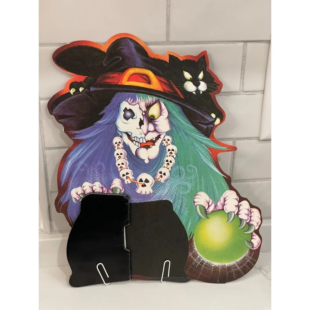 Vintage 80s Halloween Witch Cauldron Cat Skull Scary Honeycomb Centerpiece Decor